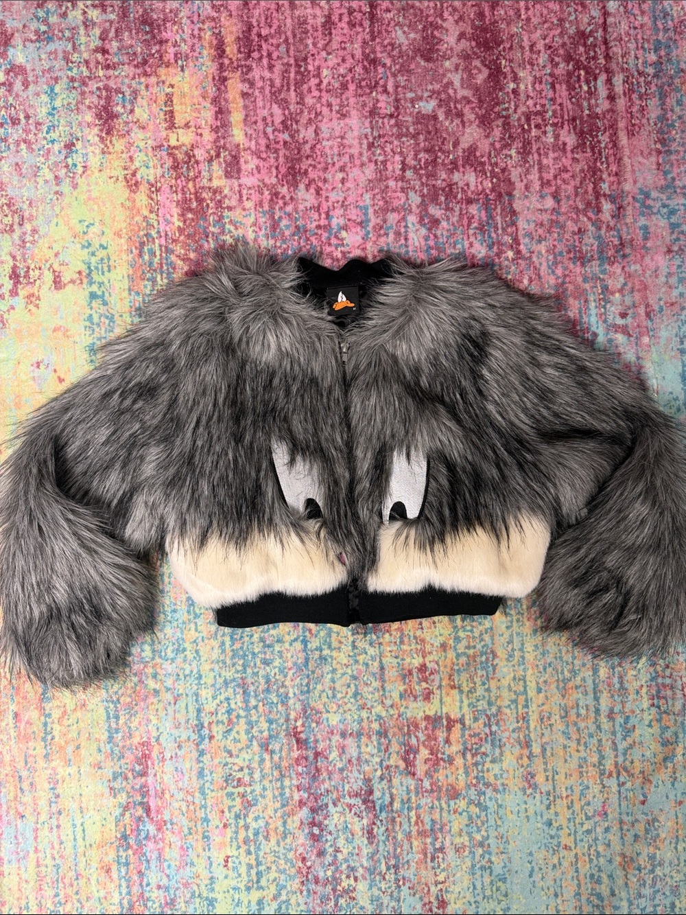 Lazy Oaf Gray and Cream Faux Fur Bomber Jacket